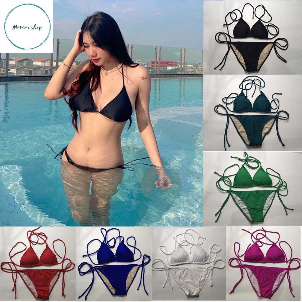 NEW ! ชุดว่ายน้ำบิกินี่สีพื้น มีฟองน้ำ มีซับในทั้งตัว สายกลม ผ้าหนาไม่บาง พร้อมส่ง Freesize