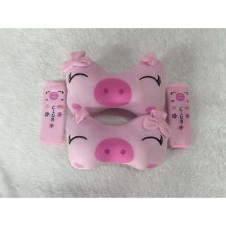SET ที่หุ้มเบลท์ 1คู่+หมอนรองคอกระดูก 1คู่ ลายหมู