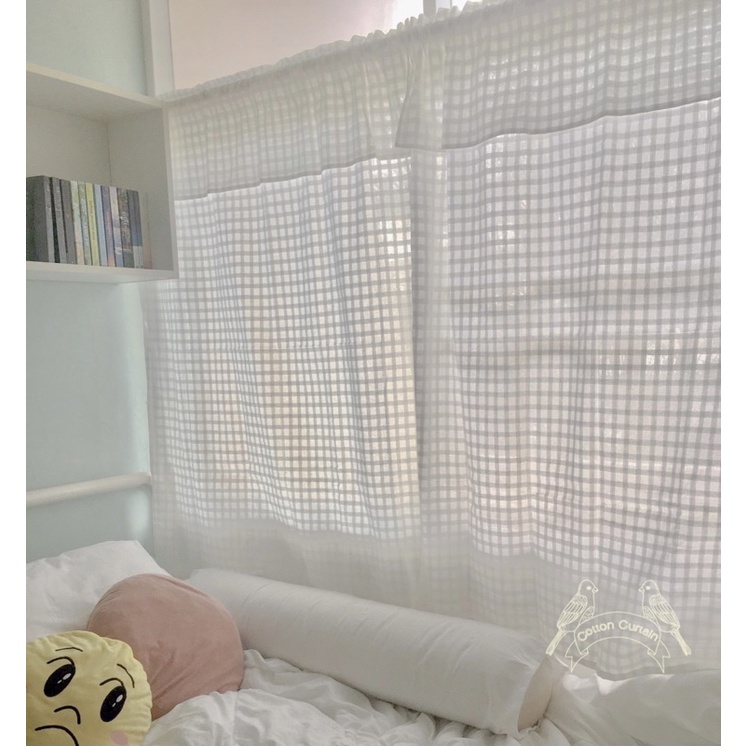 ผ้าม่านผ้าฝ้ายหน้าต่างคอกระเช้าสีขาว ขนาดกว้าง110 สูง130 ซม ผ้าม่านผ้าฝ้าย ลายดั้งเดิม มินิมอล วินเทจ
