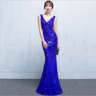 ชุดราตรียาว ทรงหางปลา ผ้าปักเลื่อม สีน้ำเงิน ผ้ายืดเข้ารูป พร้อมส่ง L