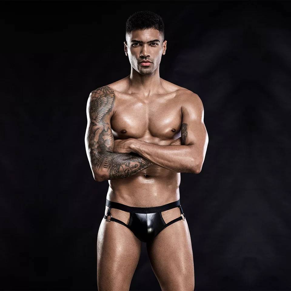 Jockstrapsกางเกงในชายเปิดก้น มีห่วง ซ้าย-ขวา หนังPU ดำเงา