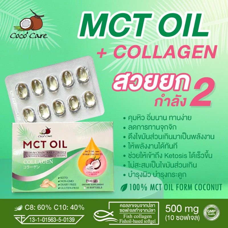 Coco'Care MCT Oil + คอลลาเจน 10 ซอฟเจล (Medium Chain Triglyceride + COLLAGEN)