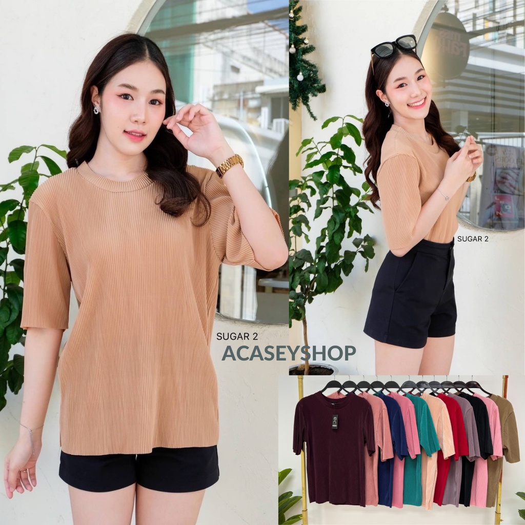 Acasey เสื้อคอกลม แขนศอก ผ้าอัดพลีท  อก36-45"ป้าย sugar✨ พร้อมส่งตามรูปสุดท้าย