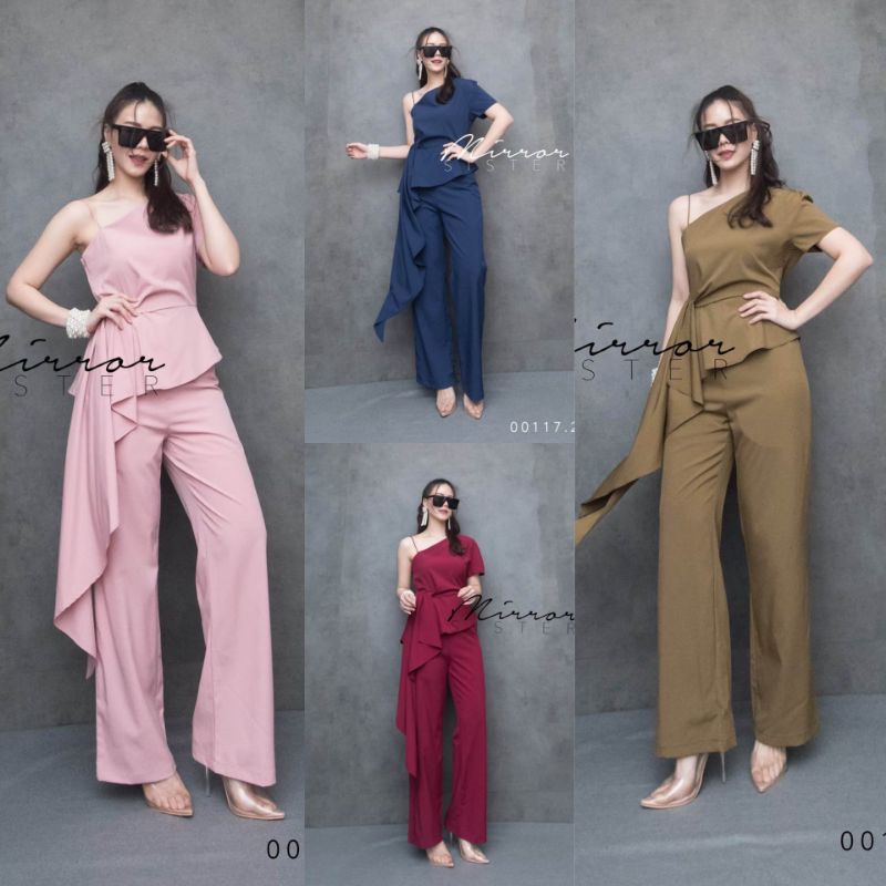 🏷️Mirrorsister #00117.5 #00117.2 จั๊มสูทขายาว ชุดปาดไหล่ เว้าไหล่ ไปเที่ยว ชุดออกงาน