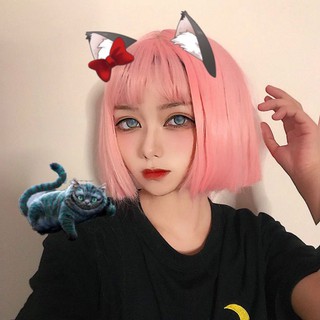 Women Wig Short Straight Hair Wig With Bangs Cosplay Anime Pink Human Hair