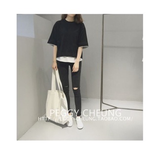เสื้อยืดสีดำสไตล์เกาหลี แต่งแขน และชายเสื้อ