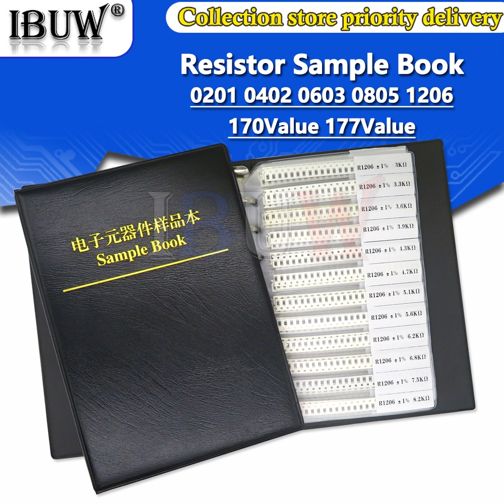 ชุดตัวอย่างหนังสือ 8850 ชิ้น 0201 0402 0603 0805 1206 ibuw 1% SMD 10K 100K 1K 1R 100R 220R 4250 ชิ้น