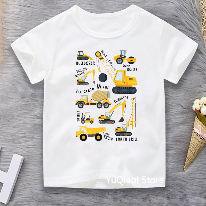 เด็กเด็กเสื้อยืดการ์ตูนรถขุด/รถปราบดิน/ขุด/รถบรรทุกพิมพ์กราฟิกทีเสื้อเสื้อผ้าเด็ก2022ฤดูร้อนด้านบนสีขาวแขนสั้นประเดิม3-13ปี