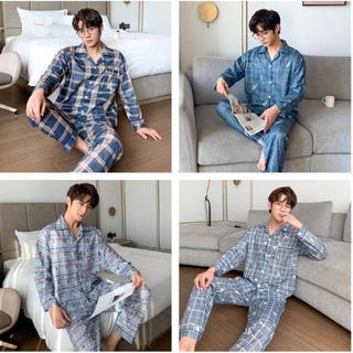 [รูปแบบล่าสุด] ชุดนอนผู้ชาย คาร์ดิแกนแขนยาว + กางเกง. มี 6 แบบ นุ่มสบาย 2XL~4XL ,60KG~90KG