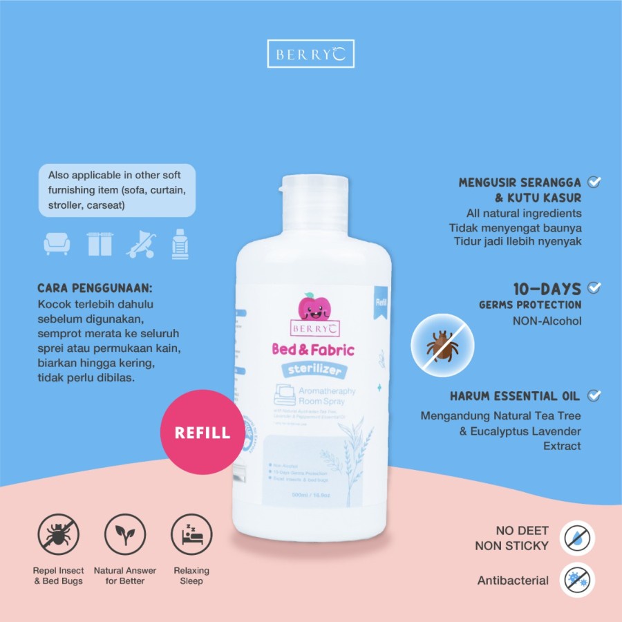 Berryc Bed & Fabric Steilizer Refill 500ML Anti Bed Bugs/Bed Bugs - Berry C Bed Spray 500ML ขนาดเติม