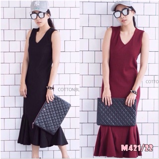 พร้อมส่ง!!Maxidress เดรสตัวยาว ผ้ารอ่งลายเล็ก คอวแขนกุด ชายระบาย