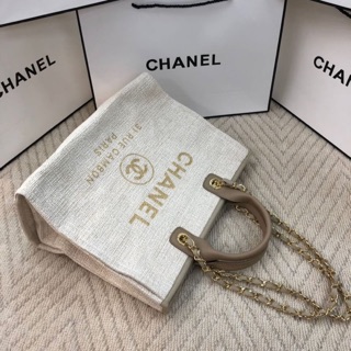 Chanel tote shopping ผ้าทวีต ผ้ากระสอบ ชาแนล ไฮเอน 39cm ครีมทอง