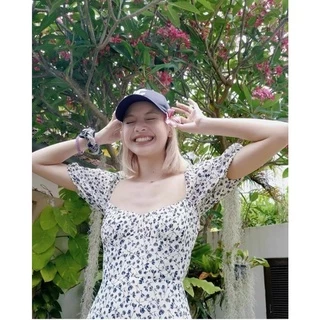 Cicishop(1120)ชุดเดรสแขนสั้นลายดอกไม้ คอเหลียมสวยๆสาวหวานสไตส์เกาหลี ลูกคุณหนูผู้ดี