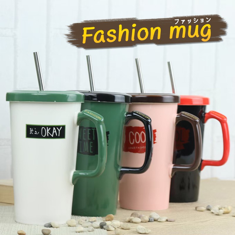 แก้วกาแฟทรง classic เซรามิกทนความร้อน แก้วน้ำ มีช้อนและฟาปิด