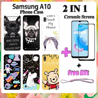 2 IN 1 เคสโทรศัพท์ Samsung A10 พร้อมกระจกนิรภัยกันรอยเซรามิกหน้าจอโค้งฟิล์มนิรภัยการ์ตูน