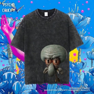 เสื้อยืด ขนาดใหญ่ พิมพ์ลาย Psycho Crucify Old Squidward | หินล้างทําความสะอาด | เสื้อเชิ้ต ลาย Spongebob Squarepants | เ