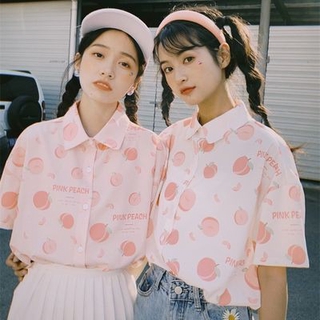 🔥JOJO🔥PeachPrintedShirtJapaneseCollegeWindStrangeGirlStudentLooseLapelChiffonShortSleeveShirtTop