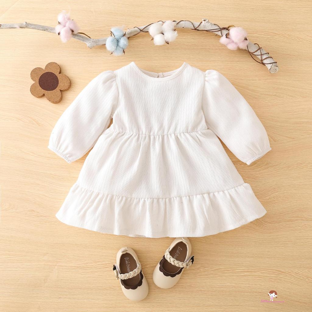 XZQ7-Baby Girls Casual Dress Long Sleeve Round Neck Design Ruffled Hem ...