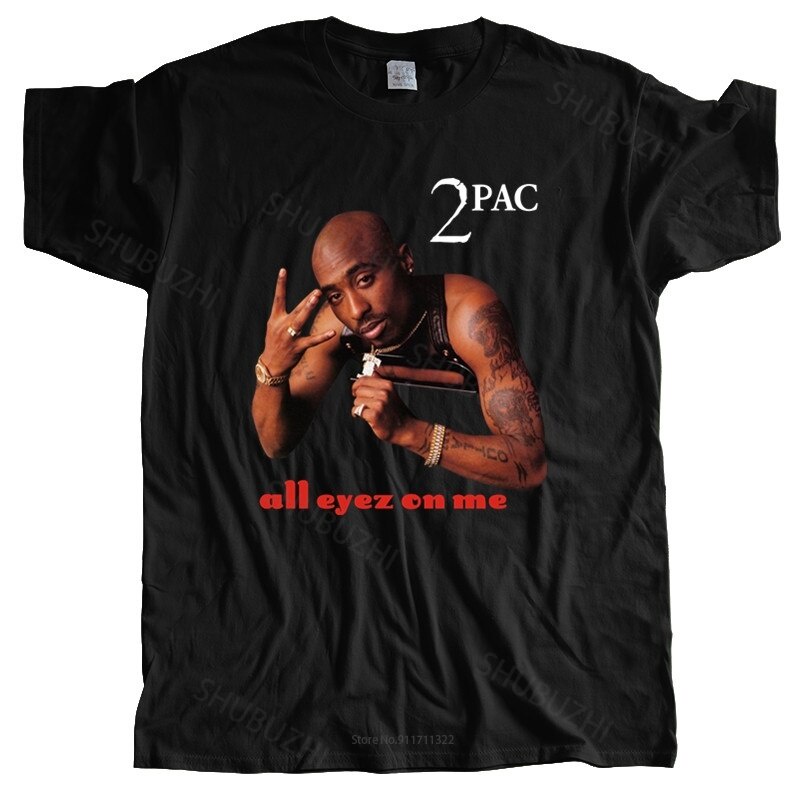 เสื้อยืดผ้าฝ้ายMan crew neck t-shirt Vintage 2Pac All Eyez On Me Death Row Records Black men t shirt