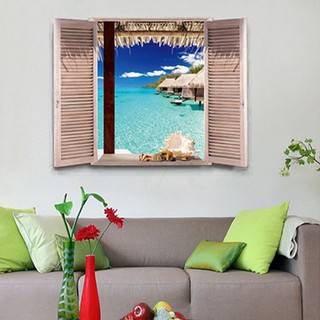 3D Window View Beach Resort สติ๊กเกอร์ติดผนังแบบถอดได้ Art Decal DIY Room Decor