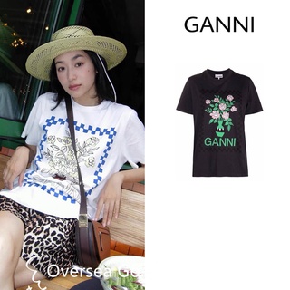 [100% Cotton] Ganni ใหม่ เสื้อยืดลําลอง ผ้าฝ้าย แขนสั้น คอกลม พิมพ์ลาย สําหรับสตรี