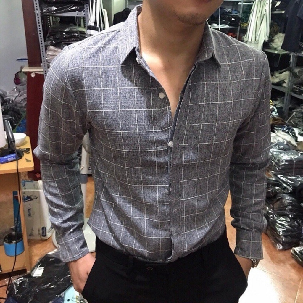 Ikemen เสื้อเชิ้ตลายตารางหมากรุกสีเทาแขนยาวผู้ชายดีไซน์เกาหลี (SMLD)