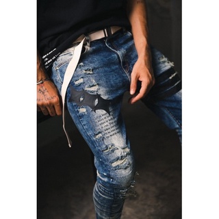 Holdem Dark Snowflake washed Destroyed cropped jeans (Black Leather Patch)