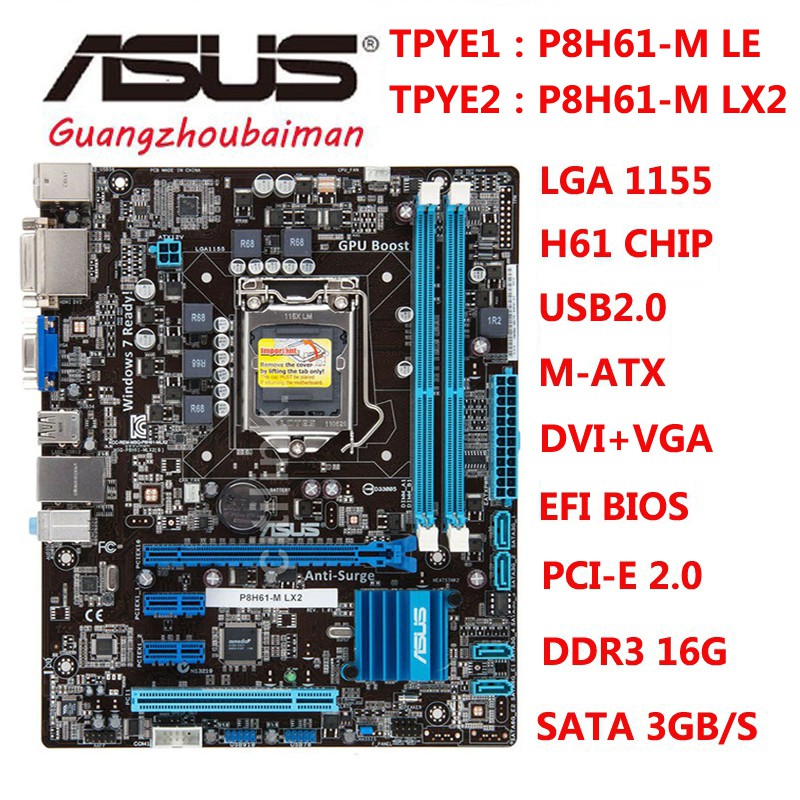ASUS P8H61-M LE LX2 เมนบอร์ด INTELSocket 1155 H61 เมนบอร์ดเดสก์ท็อป DVI & VGA ATX DDR3 USB2.0 16GB