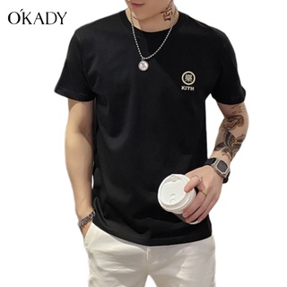 OKADY เสื้อยืดผู้ชาย ใหม่ผู้ชายแฟชั่นแขนสั้นแนวโน้มสุทธิสีแดงคอกลมพิมพ์เสื้อยืดเกาหลีรุ่นหลวมน้ำแบรนด์ เสื้อเชิ้ตผู้ชาย