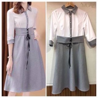 2MUAY FASHION เดรสแฟชั่น เดรสทำงาน  SIMPLE  SHIRT DRESS รุ่นFFSHIRT สีเทาขาว SIZE M