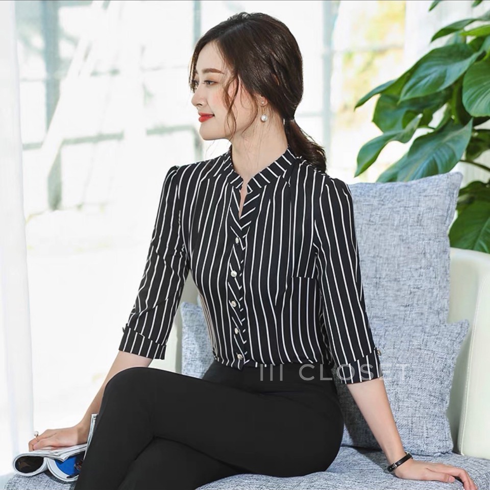 เสื้อเชิ้ต lll Freesize lll TUM023 คอจีน ลายทาง สาบหน้า แขนยาว ผ้าไหมอิตาลีพิมพ์ลาย ผ้าดี ใส่สบาย ไม่ร้อน