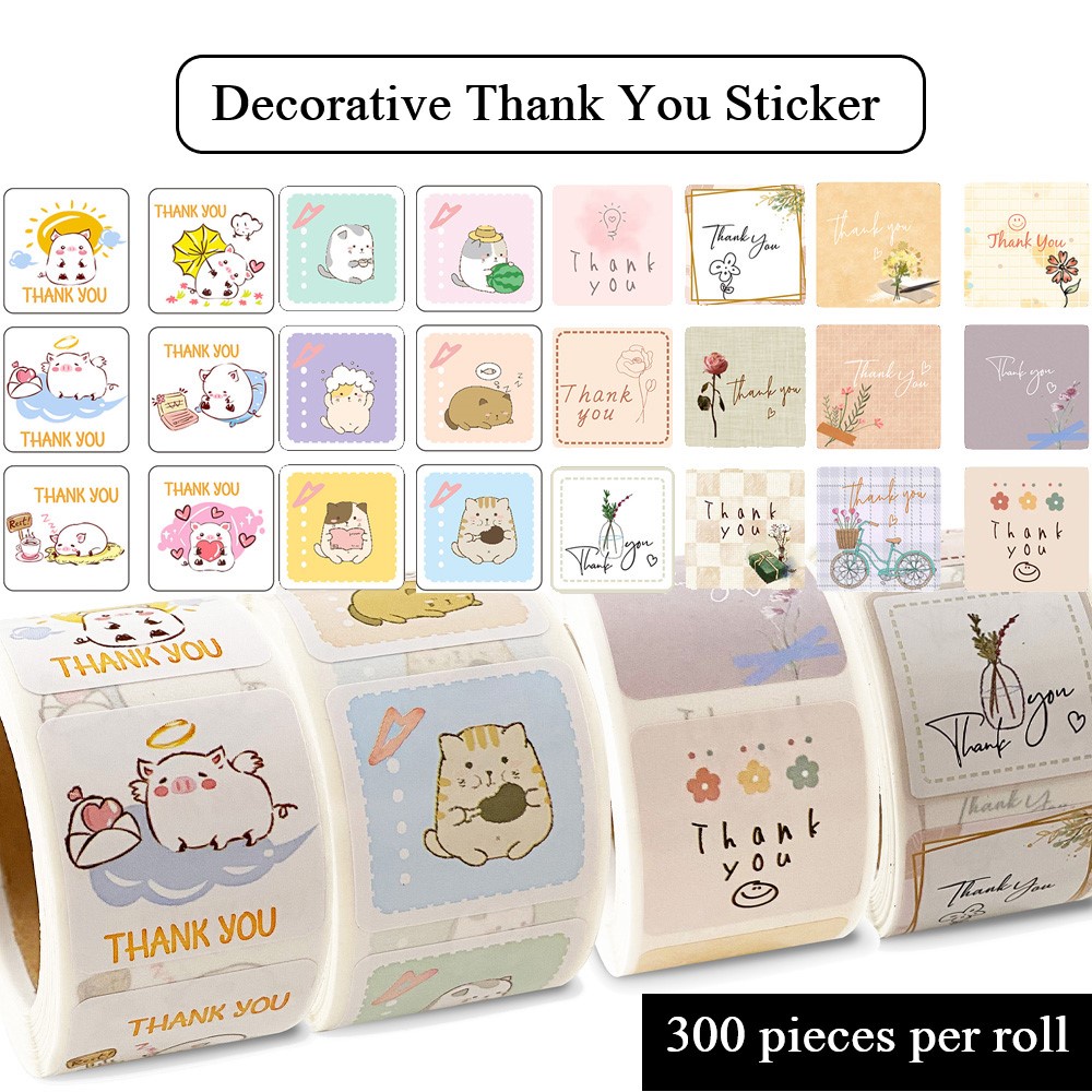 สติกเกอร์ Thank you 300 ดวง ต่อม้วน สติกเกอร์ขนม แก้วกาแฟ ขวดน้ํา