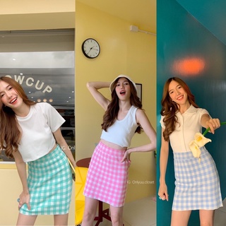 Gingham Knitted skirt กระโปรงผ้าไหมพรม ลาย scotโทนสีพาสเทล