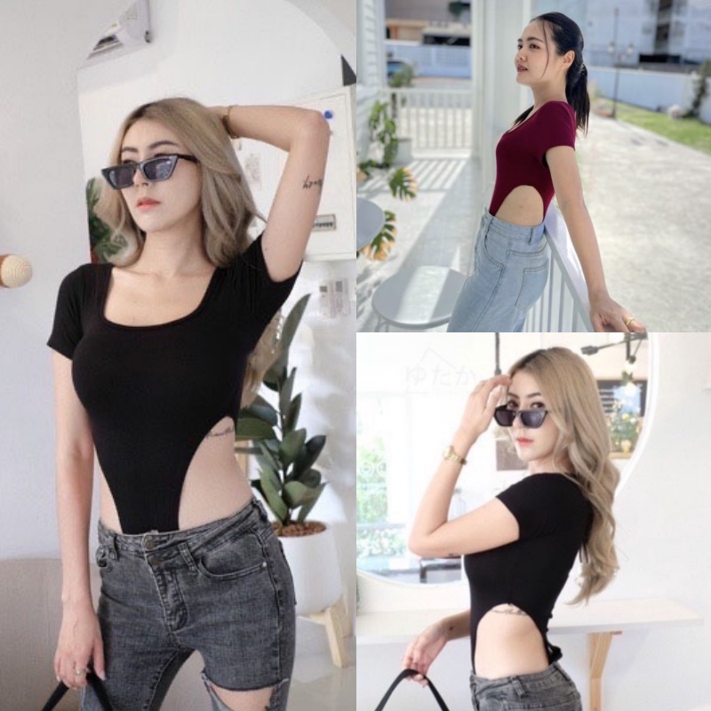 🌈🌈byGOODLUCK🌈🌈 บอดี้สูท แขนสั้นเว้าเอว เป้าแกะได้ กระดุมแป็ก‼️ ช่วงบนเป็นผ้า2ชั้น ♥️Bodysuit♥️ เว้าเ