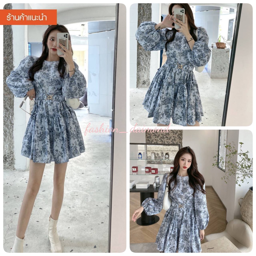 F0990🔥พร้อมส่ง🔥 ส่งไว ทันใจ ร้านคนไทยค่ะ ❤️ มินิเดรสผ้าชีฟอง มาพร้อมดีเทลเข็มขัด หวานละมุนมากก สวยใส