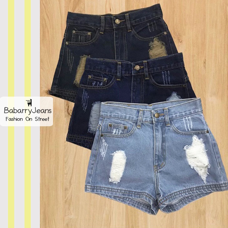 BabarryJeans ยีนส์ขาสั้น เอวสูง สะกิดขาด ผ้าไม่ยืด สีเข้ม/ สีอ่อน/ สีสนิม