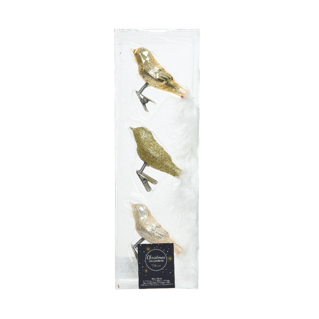 9120902 Pearl/Gold Bird on clip glass enamel-shiny glitter (L3 x H3.5cm) - นกตกเเต่งคริสต์มาส