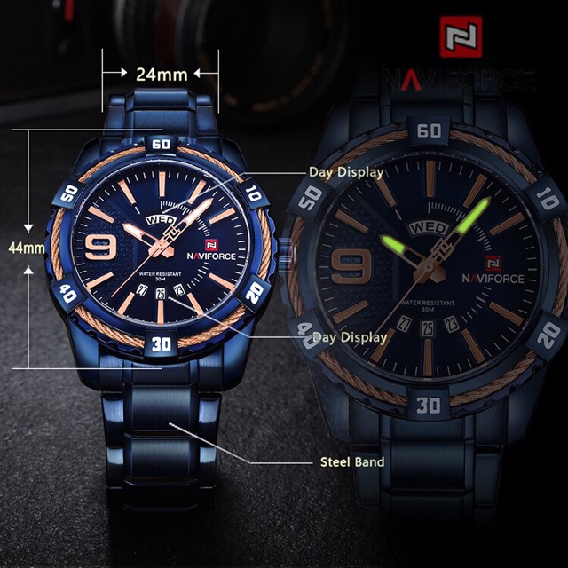 (รับประกัน1ปี) NAVIFORCE รุ่นNF9117M สายเลสมีวันที่และสัปดาห์ กันน้ำ100%