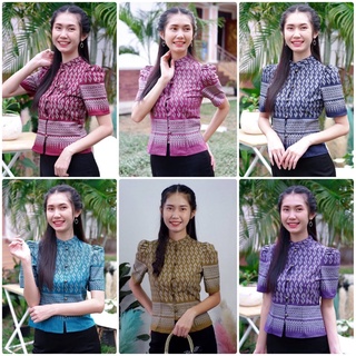 เสื้อเนื้อฝ้ายพิมลายขอ (ลายพระราชทาน) แบบน่ารักสุด ดีเทลคอจีน กระดุมนูนทองเหลือง แขนเ