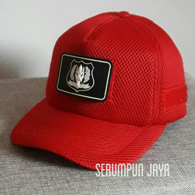 MERAH SECURITY HAT - DOUBLE MESH VELCRO SECURITY HAT - หมวก VELCRO SECURITY สีแดงพร้อมโลโก้สีขาว