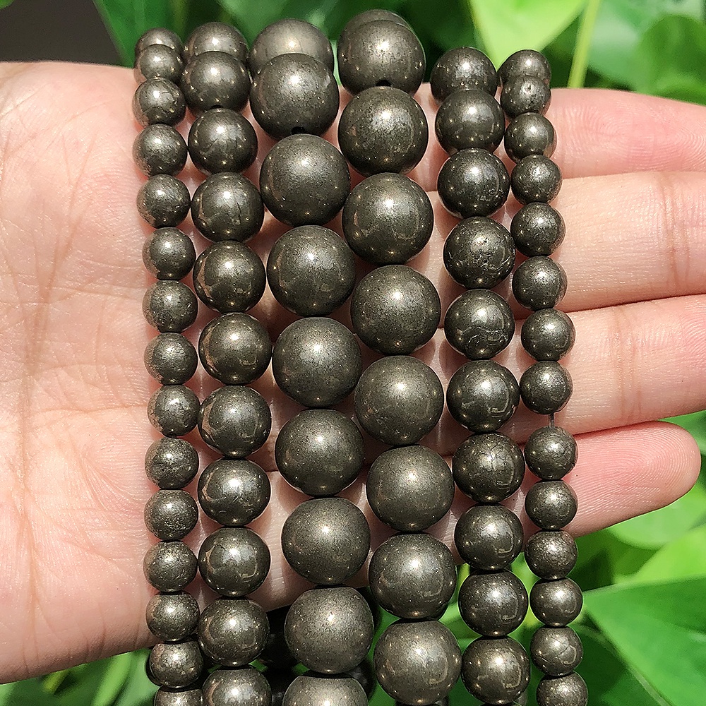 ลูกปัดหินไพไรท์ เหล็กธรรมชาติ ทรงกลม หลวม สําหรับทําเครื่องประดับ 16 ชิ้น" Strand ปิ๊กไซซ์ 4 6 8 10 12 มม. (F00252)