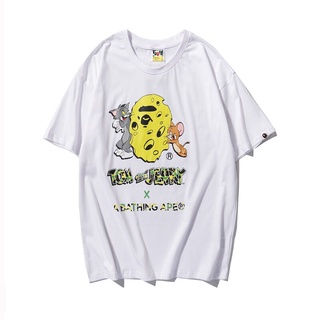 การ์ตูนคอกลมHH 100% BAPE ทอมและเจอร์รี่ชีสสีเหลืองเสื้อยืดผ้าฝ้ายชายหญิง Universal คอกลมแขนสั้นฤดูร้อน Cool Top เสื้อยืด