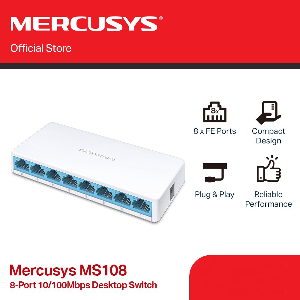 SWITCH (สวิตช์) MERCUSYS MS108 - 8 PORTS 10/100Mbps DESKTOP SWITCH (HUB LAN)