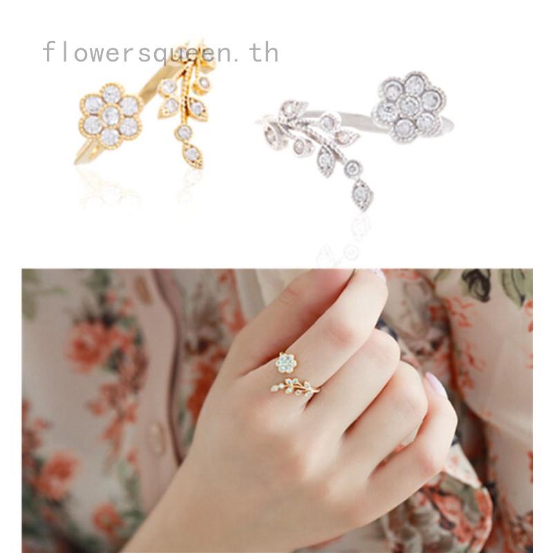 flowersqueen เครื่องประดับแหวนดอกไม้คริสตัลแบบปรับได้