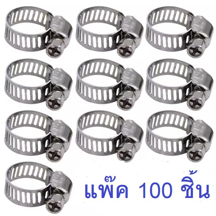 (แพ็ค 100 ขิ้น) เข็มขัดรัดท่อ แคลมป์รัดท่อ แสตนเลส ปรับขนาดได้ 13-19 มม.