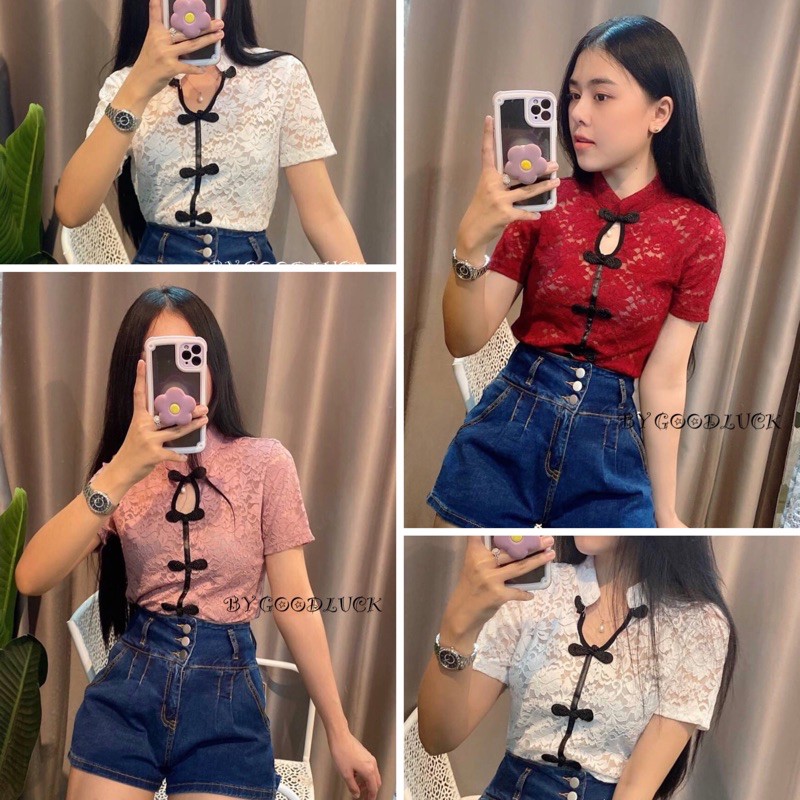 เสื้อคอจีน ผ้าลูกไม้บางๆ เนื้อนิ่มมาก แมทซ์ง่ายค่า