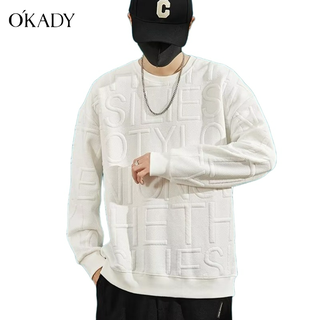 OKADY เสื้อกันหนาวผู้ชายแฟชั่นเสื้อสเวตเตอร์แขนยาวสีทึบใหม่คอกลมเวอร์ชั่นเกาหลีวาฟเฟิลอินหลวมสบายๆ