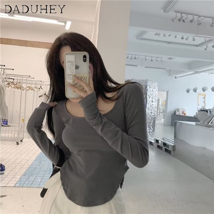 DaDuHey Women's New Sexy Kardashian Big U-Neck Bottoming Shirt Short Elastic Slimming Long-Sleeved Design T-shirt Top #3
