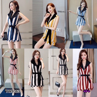 9363 Set Suit เสื้อสูท แขนกุด ลายริ้ว + กางเกงขาสั้น + สายผูกเอว