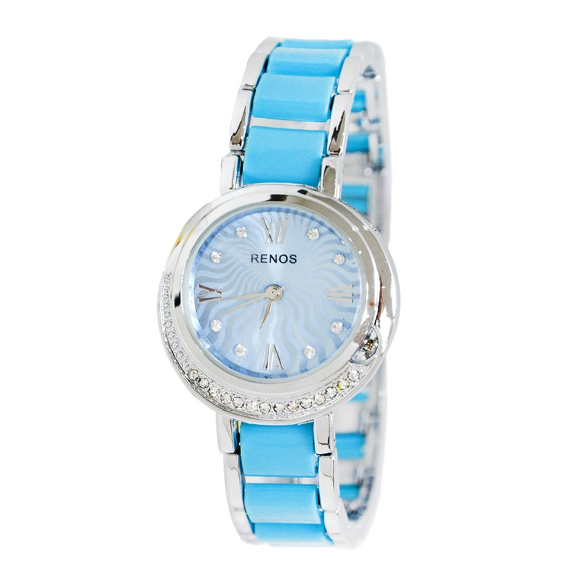 RENOS นาฬิกาข้อมือผู้หญิง หน้าปัดล้อมเพชร รุ่น 86654 สีฟ้า